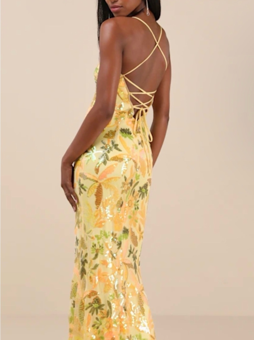 Lulus Glittering Icon Yellow Iridescent Sequin
Lace-Up Maxi Dress - Picture 3 of 6